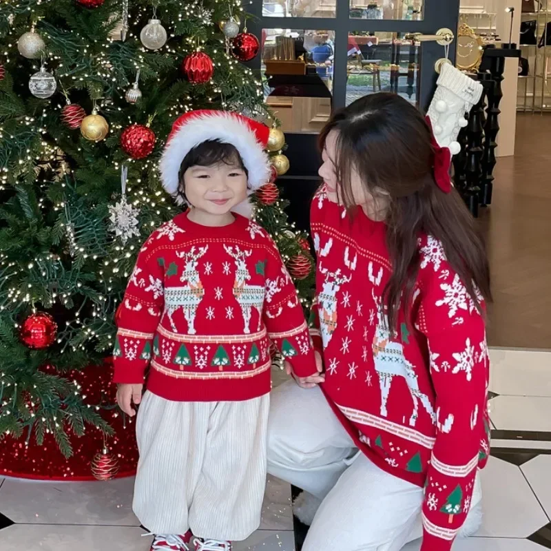 The Plant Parent - Familien-passender Weihnachts-Rentier-Baum-Pullover, Eltern-Kind-Rot-Strickpullover, Vater, Mutter und